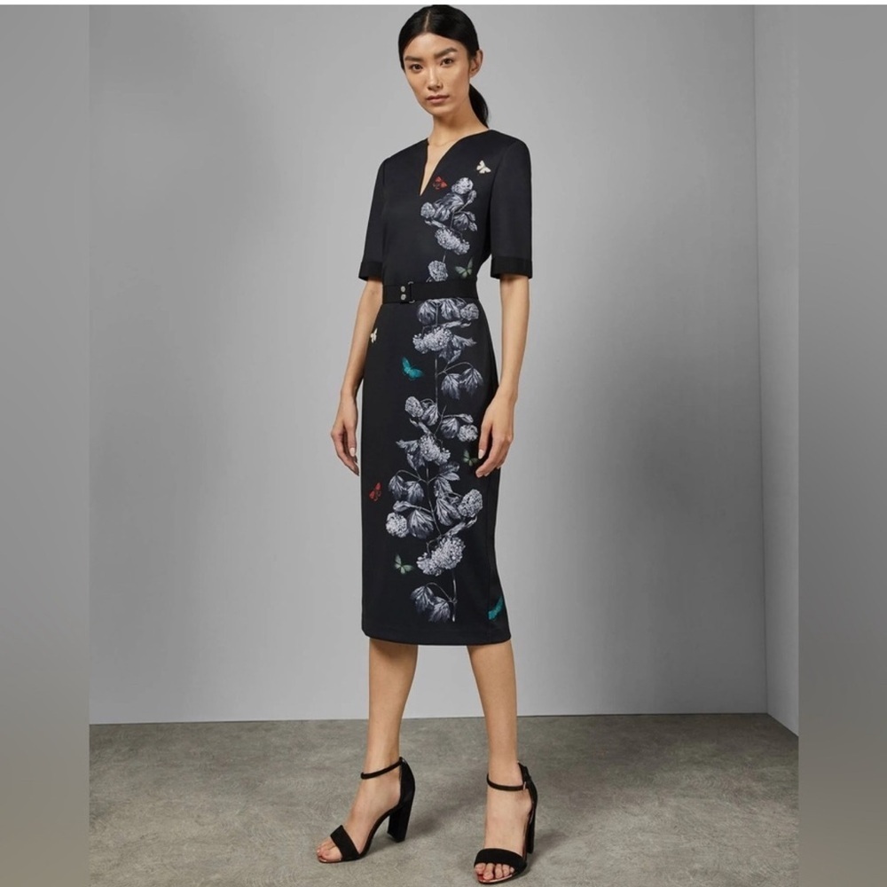 Black Floral-Print V-Neck Midi Dress